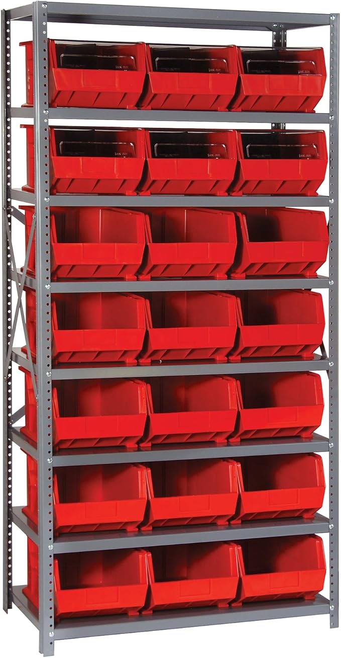 Quantum Storage Systems QSBU-255RD Solid Heavy Duty 8 Shelves 21 Ultra Stack & Hang Red Bins 75" H x 36" W x 18" D