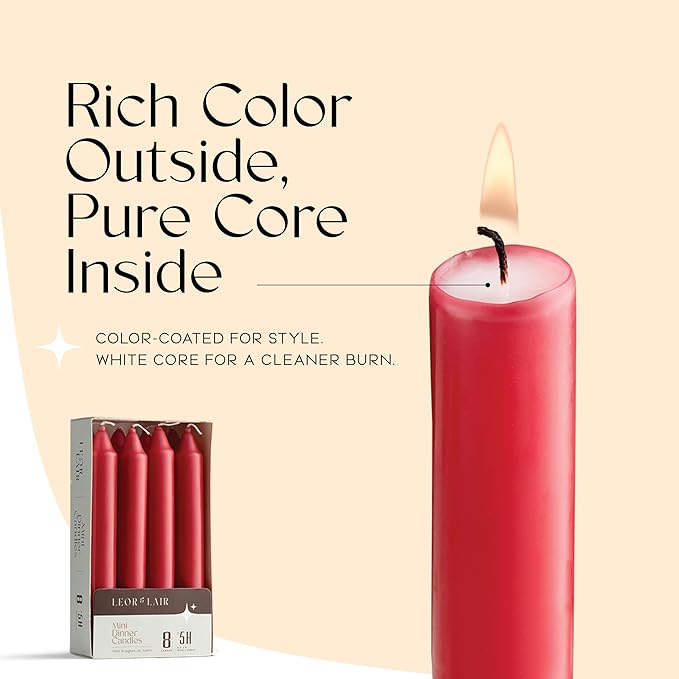 Leor & Lair Red Candlesticks - Pack of 8 Short Taper Candles with Cotton Wick - 5 Hour Burn Mini Red Candles Sticks for Romantic Dinners, Valentines Day & Christmas Decoration