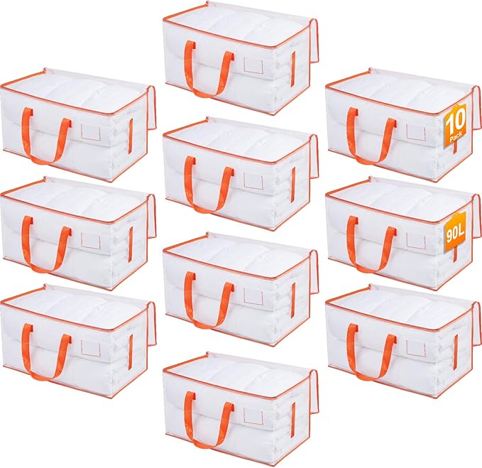 KYODOLED Clear Moving Bags with Orange Handles, 10-Pack Heavy Duty Storage Totes for Clothes & Bedding, Extra Large 27"x14"x15" (24 Gal), Foldable Transparent Organizer with Label Pocket, PP Material