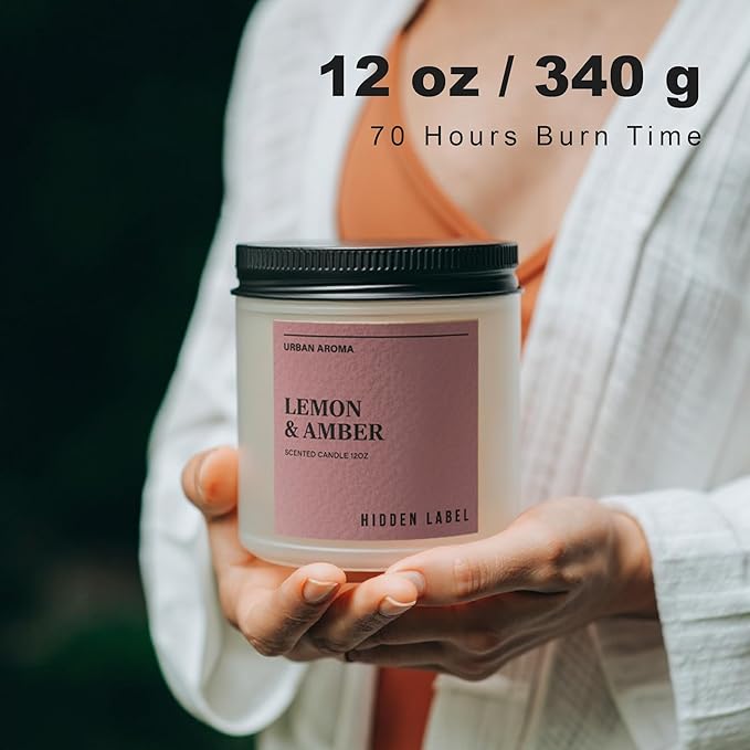 Hidden Label Lemon & Amber Scented Candle | 12oz Natural Soy Candle | Warm Citrus & Golden Amber | 70-Hour Clean Burn | Modern Boho Home Décor | Cozy Hygge Gift for Women, Housewarming