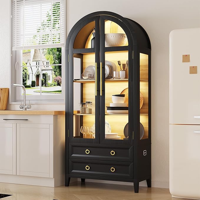 LVSOMT 71" Tall Arched Storage Cabinet with Glass Doors and Drawers, Curio Display Cabinet with Adjustable LED Light & Human Sensor, 4-Tier China Cabinet for Living Room(Black+Wood)
