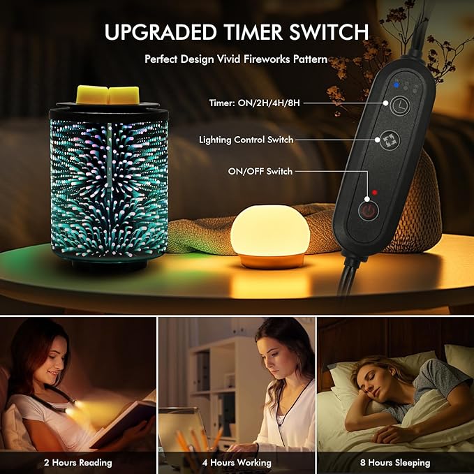 Electric Wax Melt Warmer with Timer (2/4/8H), 7-Color Changing LED Night Light, Removable Silicone Dish, PTC Safe Heating - 3D Glass Design for Home, Office Décor, Gifts for Mom