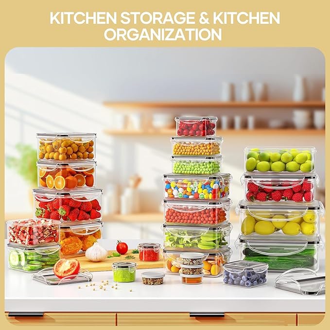 AISOON 50 Pcs 85 Oz Airtight Food Storage Containers Set with Lids, Leakproof Stackable BPA-Free Kitchen & Pantry Organizer Set, Reusable Meal Prep & Freezer-Safe Containers with Labels & Pen