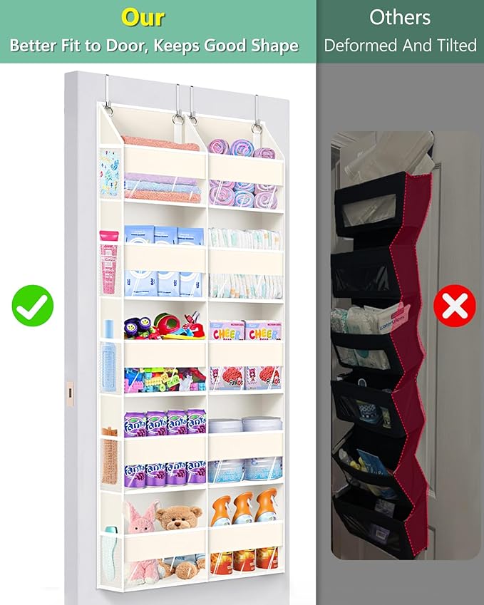 Heavy Duty Over The Door Organizer 5 Tiers, Extra Large Behind Door Storage of 10 Big Front & 10 Mesh Pockets, 80lb Weight Capacity, Hanging Doors Storage for Closet Bedroom Nursery, Beige