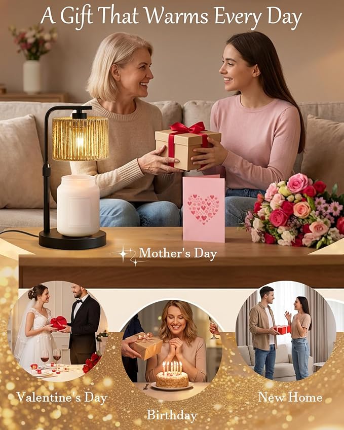 Candle Warmer Lamp, Timer Dimmable Candle Lamp, Adjustable Height and Brightness Black Candle Warmer, Boho Rattan Lampshade and 2 Bulbs, Suitable for Home Decor, Birthday Gifts for Women Mom