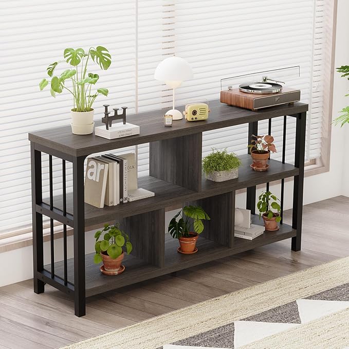 IBF Industrial 5 Cube Storage Organizer Bookshelf, Rustic Low Horizontal Book Shelf, Metal and Wood Cube Bookcase for Bedroom, Modern Wide Cubby Shelf for Living Room Home Office, Dark Grey Oak, 47 In