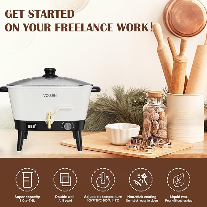 VOISEN Wax Melter for Candle Making, 8Qts Candle Wax Melting Pot with Spout for Soy Wax Soap Base, Electric Wax Melter for Candle Making with Temp Control, Easy Pour,Non-Stick(White)