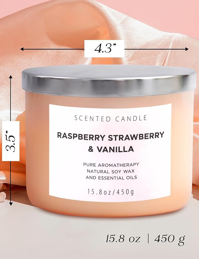Raspberry Strawberry Vanilla 3-Wick Scented Soy Candle 15.8 oz | Large Sweet Berry Vanilla Scented Candle for Home | Relaxing Aromatherapy Candle | Strong Throw & Long Lasting