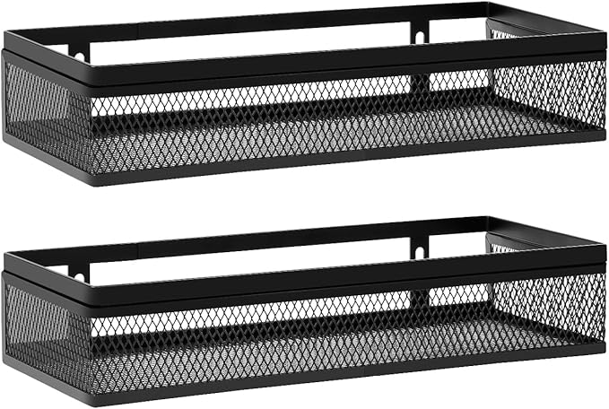 Wetheny Hanging Wall Mount Storage Baskets with Adhesive Hooks & Screwing, Metal Wire Organizer Baskets for Home Decor, Kitchen, Bathroom, Pantry, Laundry, Closet, Garage, RV Black 2 Packs (Netting)