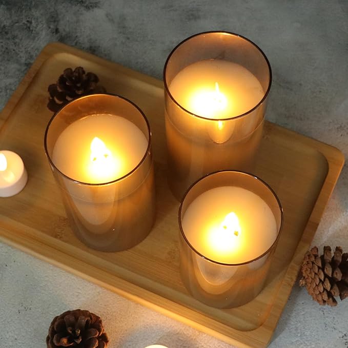 Glass Flameless Candles with Remote Timer, LED Battery Operated Candles with 3D Flickering Wick, Set of 3 Glass and Real Wax Pillar Candle for Halloween Christmas Wedding Home Decor
