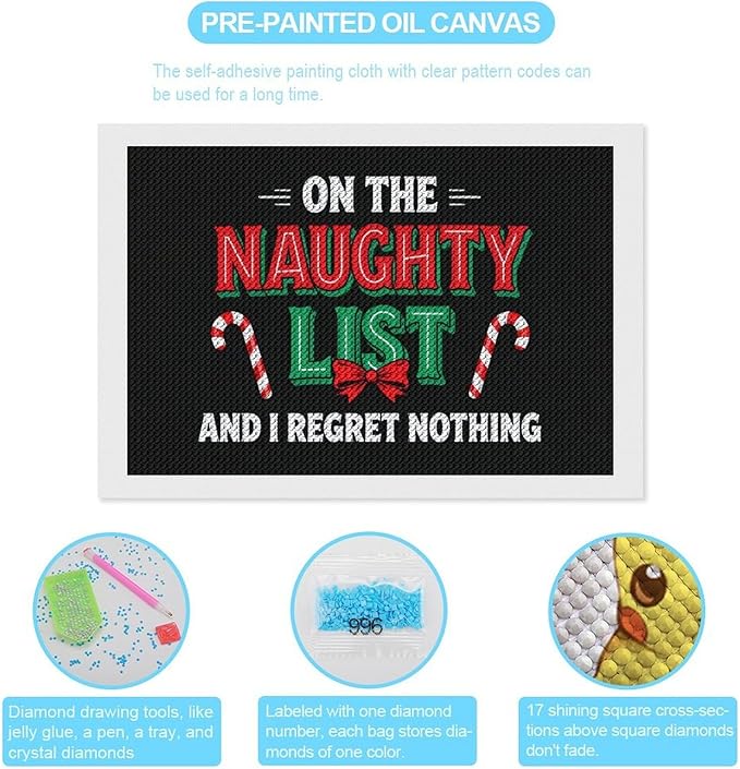AIVKIEJK Diamond Painting Kits for Adults - On The List of Naughty and I Regret Nothing Christmas Painting DIY 5D Full Drill Diamond Dots Paintings with Diamonds Gem Art and Crafts Home Decor 8"x12"