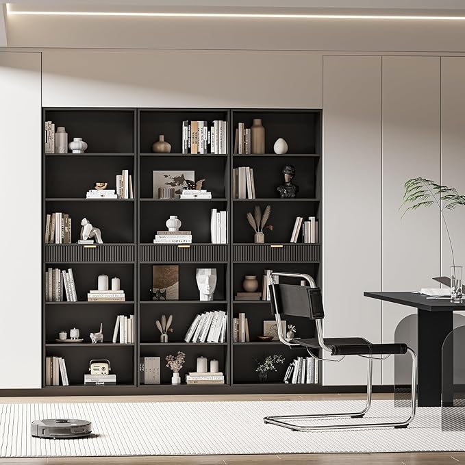 INNOD 72" Tall Bookshelf with Storage, 7-Tier Bookcase Fluted with Drawer, Display Book Shelf Book Organizer with Anti-tip Device, Home Decor Wood Furniture for Bedroom, Living Room and Office, Black