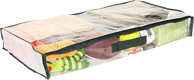 5-Pack Clear Vinyl Zippered Underbed Storage Bags 32 x 16 x 4 Inch with Dark Green Trim, 11 x 14.5 Insert Pocket and Handle
