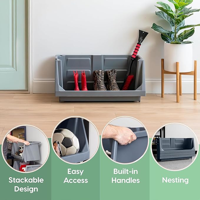 IRIS USA Open Front Storage Bins, Jumbo, Heavy Duty Garage Storage, Stackable Storage Bins, Tools Hardware Hose Household Product Sporting Goods, Interlocked Secure Stacking, 3 Pack, Dark Gray