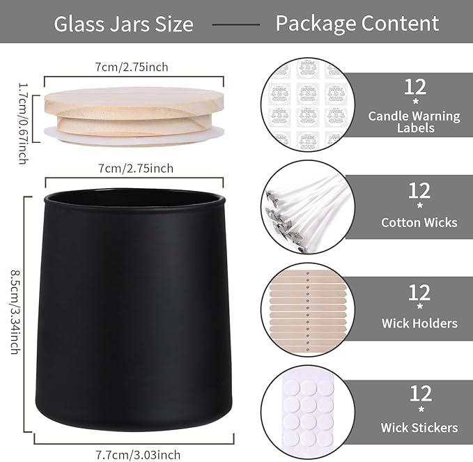 DARJEN 12 Pack Matte Black Candle Jars for Making Candles- 9 OZ Empty Glass Candle Making Jars with Making Kits, Candle Making Supplies Candle Containers for Home DIY & GIFS