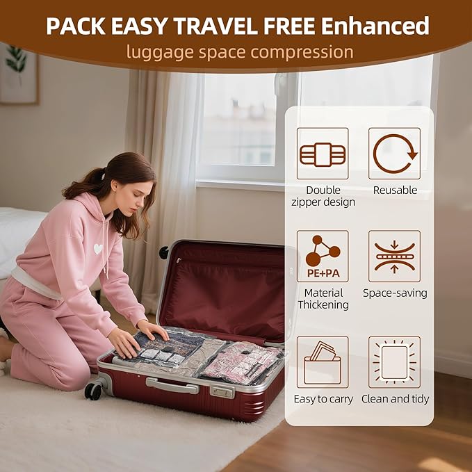 12 Pack Travel Vacuum Bags for Clothing,Compression Seal Packing Cubes for Suitcase Backpack,Vacuum Seal Bags for Clothing,Carry-on Size Space Saver Storage Bags 80% for Travel & Home(No pump)