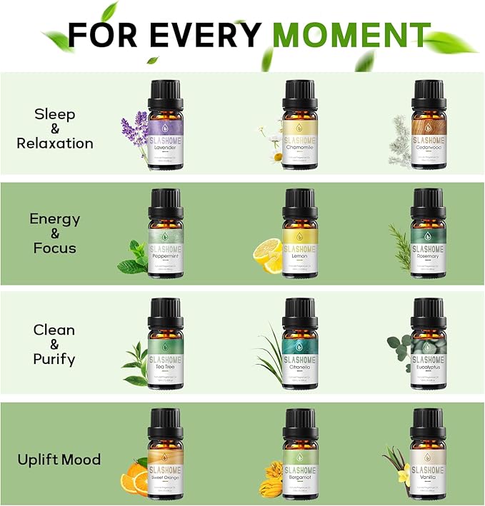 Essential Oils for Diffusers for Home - 12x10ml, for Candle Making, Natural Scented Oils for Diffuser, Humidifier, Spa & Gifts with Wood Box - Lavender, Peppermint, Sweet Orange, Tea Tree &More