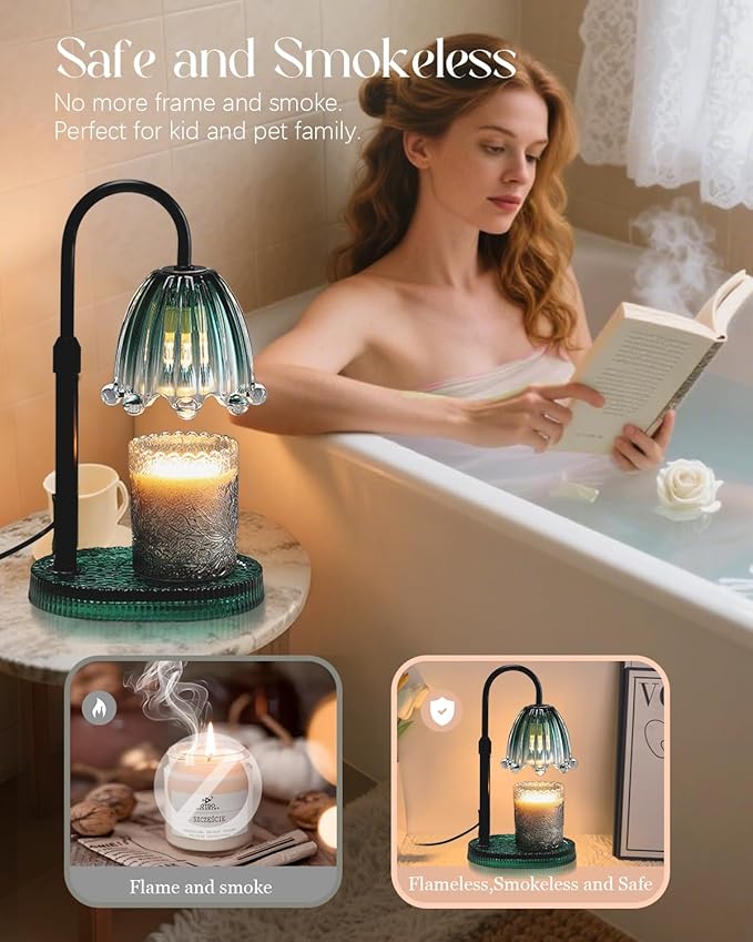 Flower Candle Warmer Lamp with Timer, Vintage Adjustable Glass Warmer Light for Jar Candles, Electric Wax Warming Melter, Gifts for Women Mom, Bedroom Decor (Green-Flower)