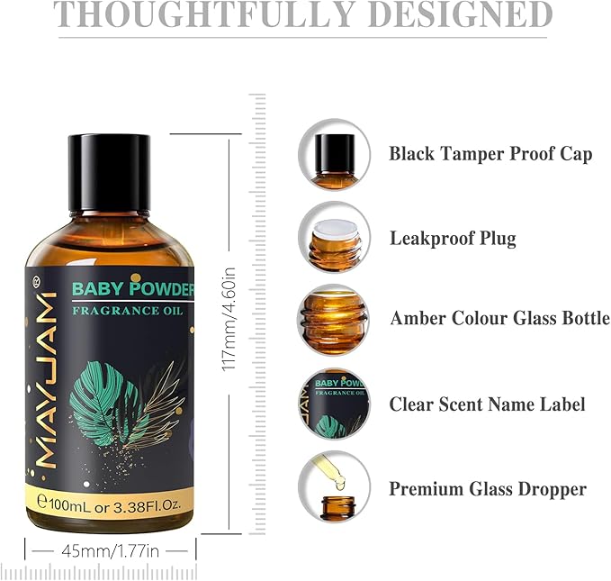 MAYJAM 100ML/3.38FL.OZ Baby Powder Fragrance Oils with Glass Dropper, Essential Oils for Diffusers, Long Lasting Scented Oils for Soap Candle Making