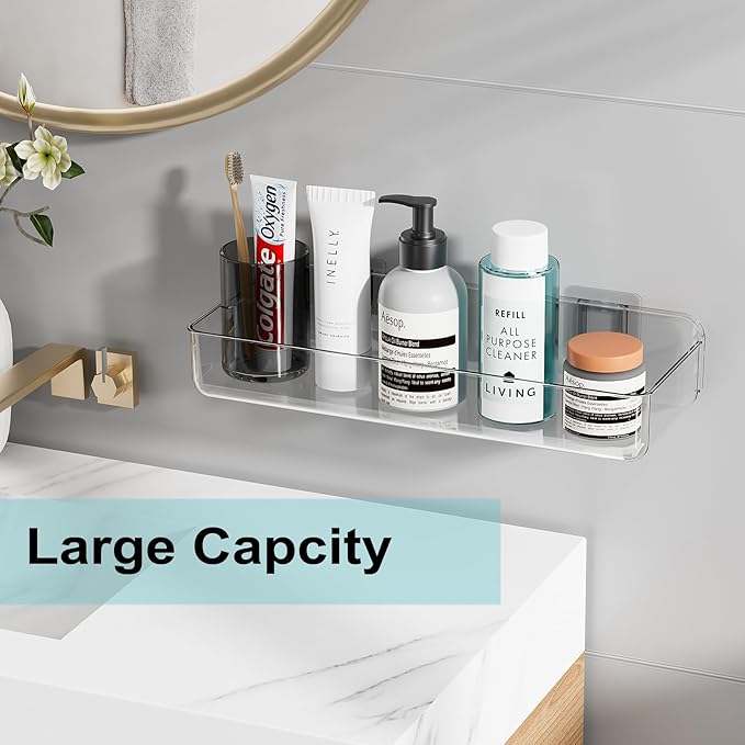Wall Mounted Storage Organizer Bins Organizing Shelf Basket Clear Plastic Makeup Organizer Adhesive Hanging Bin Fridge Organizer for Bathroom,Kitchen,Cabinet,Pantry,Countertops (13.7×5×2.7”)