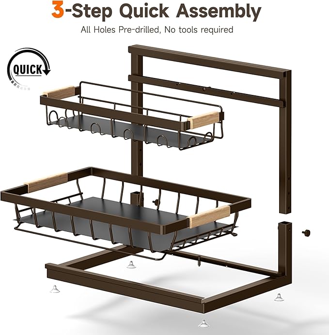 2 Packs Under Sink Organizer, Height Adjustable 2 Tier Under Kitchen Sink Organizer, Multi-Purpose Storage Shelf for Kitchen Bathroom Cabinet (Brown, Large)