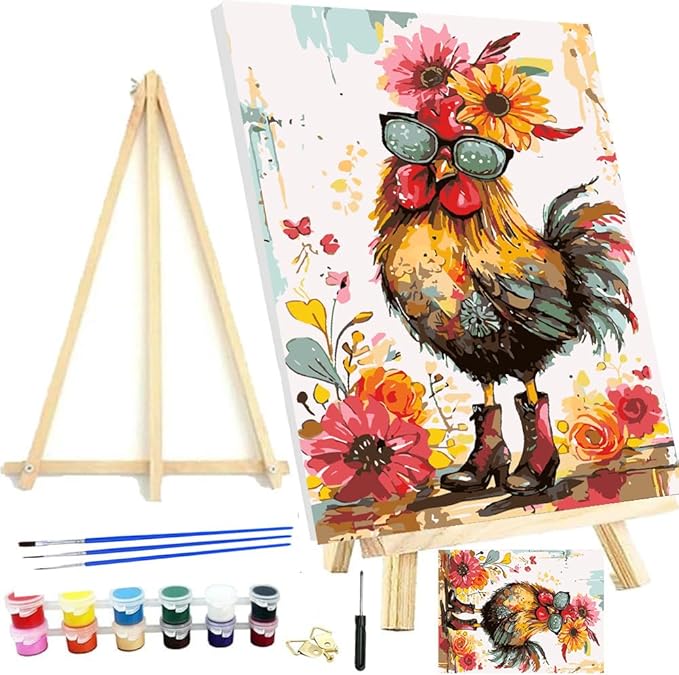 Meothan Framed Paint by Numbers Kits for Adults, Hen Chicken Adults Paint by Number with Framed on Canvas for Home Wall Decor 12x16inch (with Easel)