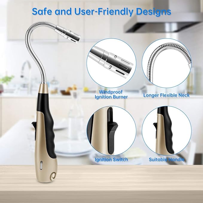 Butane Lighter with Visual Fuel Window for Kitchen Grill, Gold (No Butane)