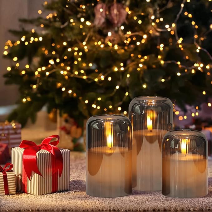 Glass Flameless Candles, Striped Glass Flameless Candles with Remote, Set of 3 Battery Operated Candles with Flickering 3D Wick, LED Pillar Candle for Home Halloween Decor(Grey, D3”xH4”5”6”)
