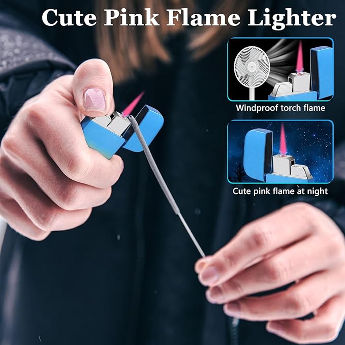 2 Pack Pink Flame Torch Lighter, Cute Lighter,Refillable Butane Lighter, Windproof Torch Lighter for Outdoor Camping BBQ Candle,Nice Gift for Girls,Women on Birthday,Anniversary Ocean,Without Butane