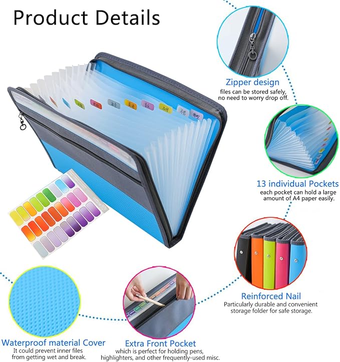 NAFY Expanding File Folder, 13 Pockets Document Organizer with Zipper, A4 Letter Size Portable Accordion Expanding File Folders with 27pcs Multicolor Labels for Home Office School Supplies (Blue)