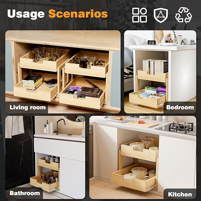 Pull Out Cabinet Organizer, 23''W×21''D Sliding Drawers for Cabinets, 2 Tier Soft Close Slide Out Wooden Pull out Drawers, Base Cabinet Organization for Kitchen, Pantry, Bathroom