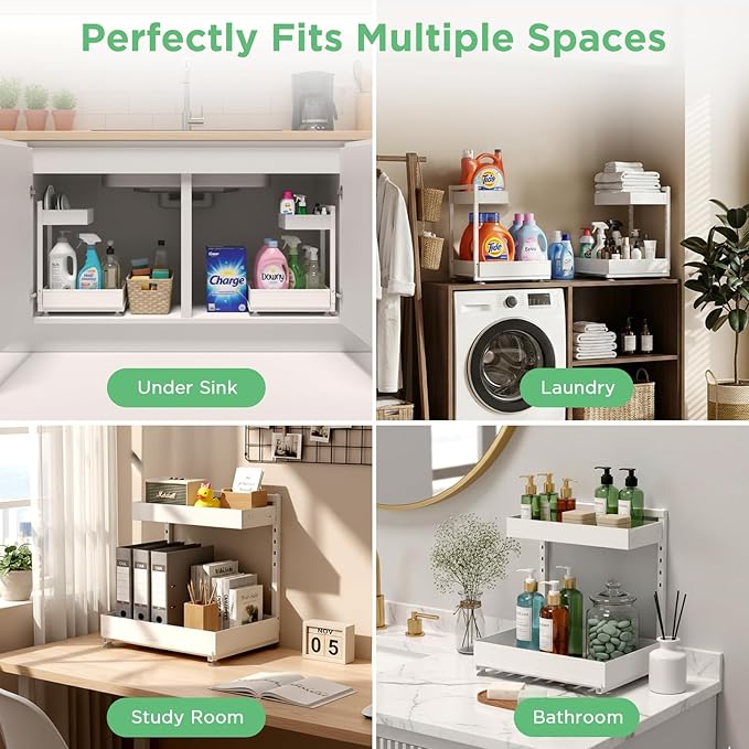 Under Sink Organizer Bathroom Kitchen: 2 Pack 2 Tier Metal Under Cabinet Storage with Height-adjustable Shelf and Pull out Rack for Pantry Vanity Cupboard Counter Countertop