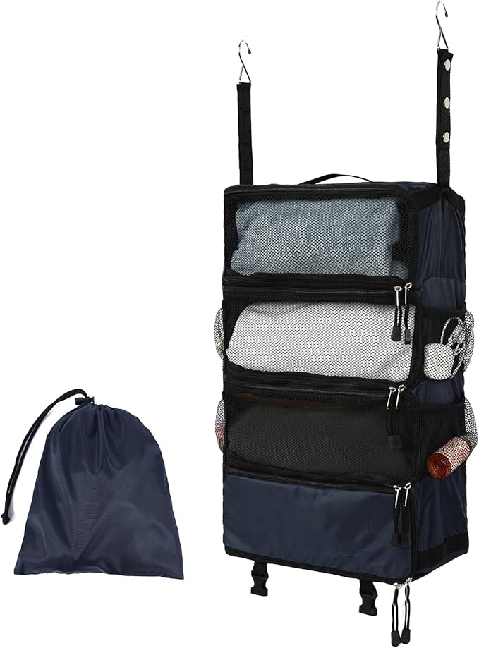 TABITORA Travel Luggage Organizer Hanging Packing Cubes Portable Hanging Shelves Carry on Closet for Suitcase with 2 Hooks,Collapsible(Navy,M)