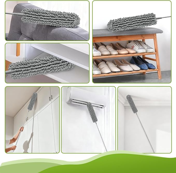 15-Piece Microfiber Feather Duster Set with Extension Pole (16.1" to 100"), Bendable Flat Duster for Under Appliances, Cobweb & Ceiling Fan Duster for Cobweb, Ceiling Fan, Blind, Furniture