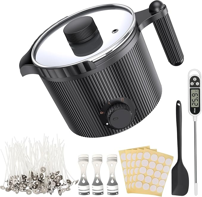 Candle Wax Melter with Pour Spout, Candle Making Kit for Adult Beginners, for Candle Making, Set Includes Wax Melting Pot, Stirring Spoon, Thermometer, Wick, Wick sticker and Centering Device - Black