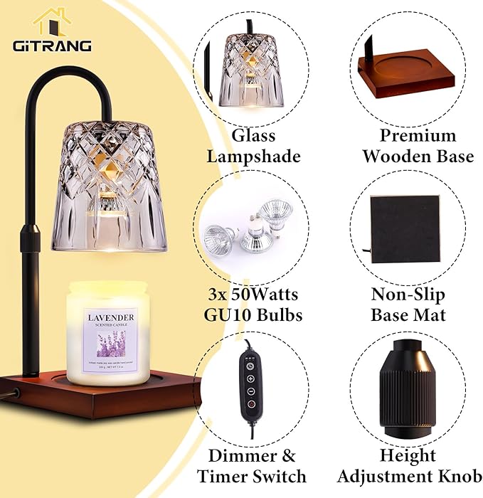 Candle Warming Lamp with Timer Dimmer,House Warming Gifts New Home Decor, Birthday Gifts for Women Mom,Height Adjustable Wax Melts Warmer for Jar Candles with 3 Bulbs，Valentine's Day Gifts Decor Lamp