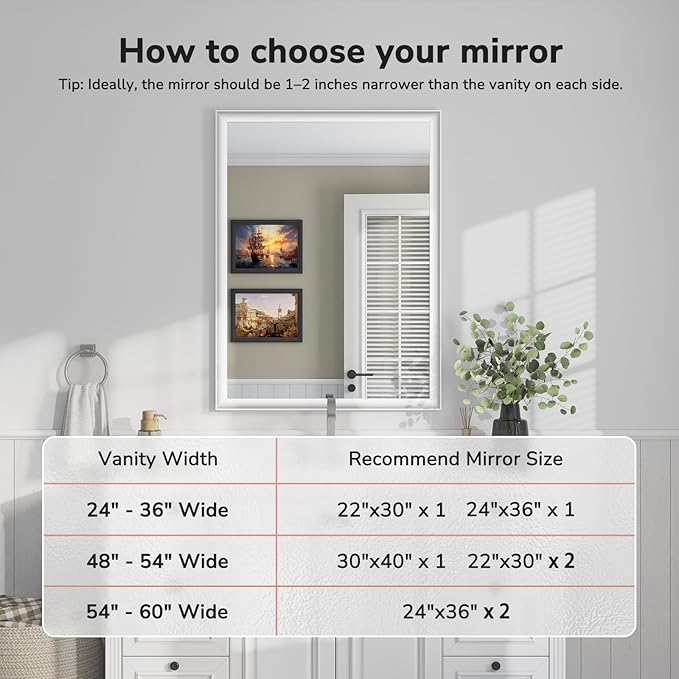 USHOWER White Bathroom Mirrors for Over Sink 30x40 Inch, Metal Framed Rectangle Vanity Mirror for Wall, Bedroom, Living Room, Entryway, Farmhouse, Anti-Rust, HD Tempered Glass, Horizontal/Vertical