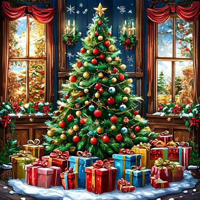 Accompany Wind Christmas Diamond Art Kits for Adults, Christmas Tree Diamond Painting Kits, 5D Round Full Drill Winter Diamond Art Crafts for Home Wall Decor Gifts 14x14 Inch