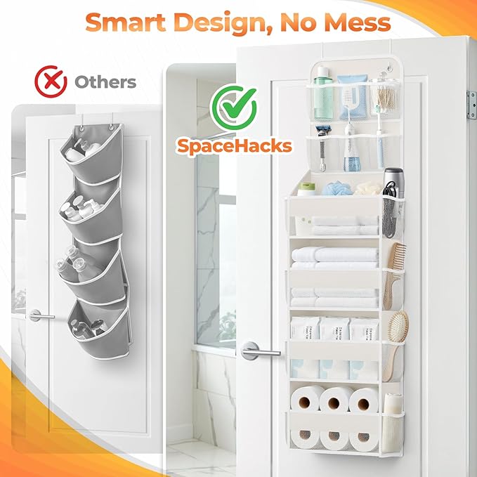 6-Tier Over the Door Organizer with Mesh Pockets, Baby Nursery Storage for Closet, Bathroom and Bedroom, Adjustable Hanging Closet Organizer for Cosmetics, Books and Essentials (Beige)