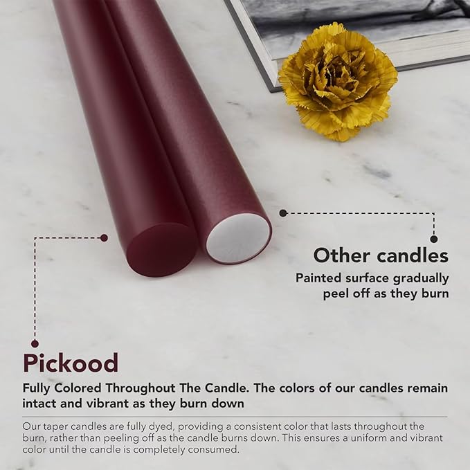 10-Inch Tall Dripless Taper Candles Set of 4 - Burgundy Tapered Candles, Perfect for Wedding,Dinner - Smokeless, Unscented, Long Burning - Hand Poured, Colored Tall Candlesticks - Borgoña