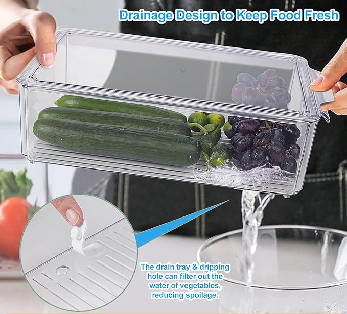KUMD 14-Pack Clear Fridge Organizer Bins with Lids, Stackable Refrigerator Storage Containers, BPA-Free with Drain Tray & Anti-Slip Base for Fruits, Veggies, Drinks