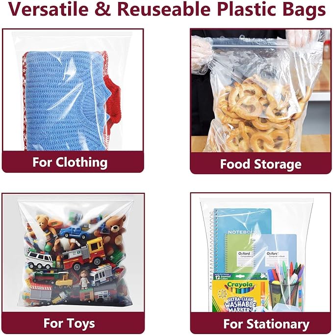 Large Plastic Bags With Zipper Top,3 Gallon,16" x 18",10 Pack,Extra Large Storage Packing for Clothes,Travel, Moving, Large Reusable bags,Heavy-Duty,BPA-Free, 2-mil Thick Clear Plastic