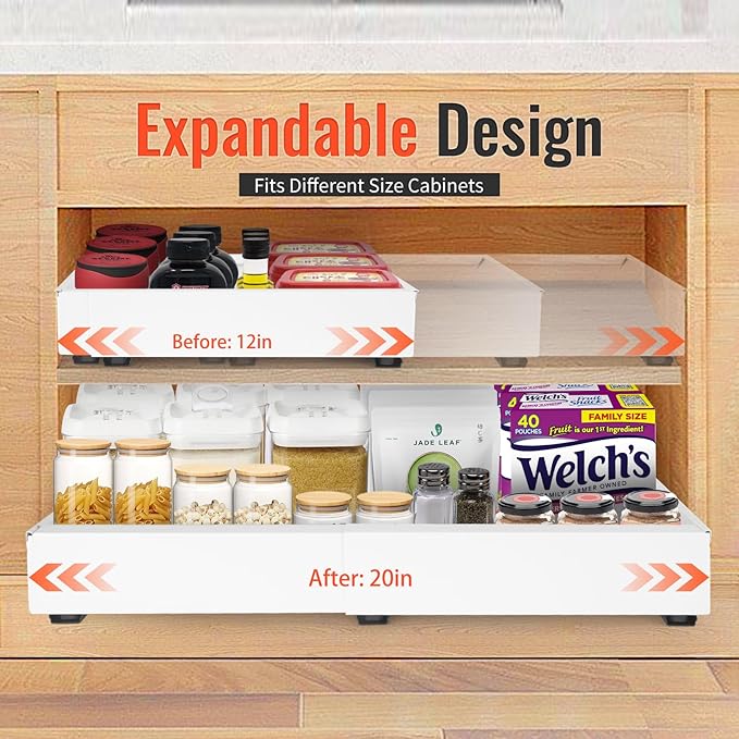 21" Deep Expandable Pull Out Cabinet Organizer,(12"-20")Slide Out Drawers For Kitchen Cabinets,Adhesive With Nano Film, Peel and stick Pull Out Drawers For Cabinets In Kitchen, Pantry (white,1PACK)