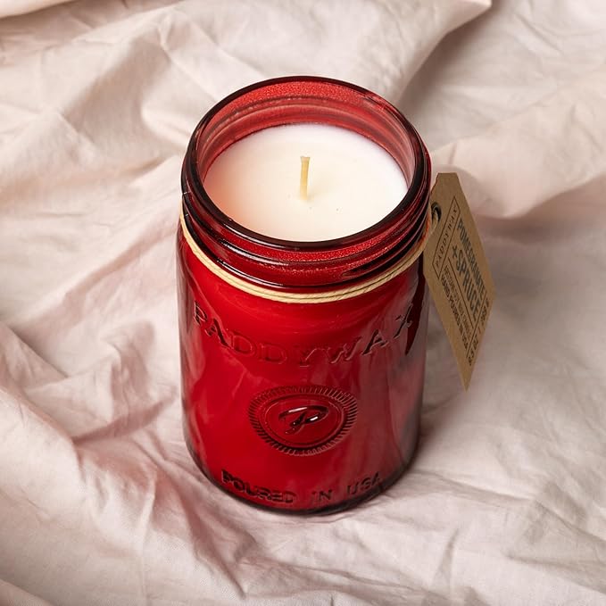 Paddywax Scented Candles Relish Collection Soy Wax Artisan Candle in Glass Jar with Lid, 9.5-Ounce, Pomegranate + Spruce