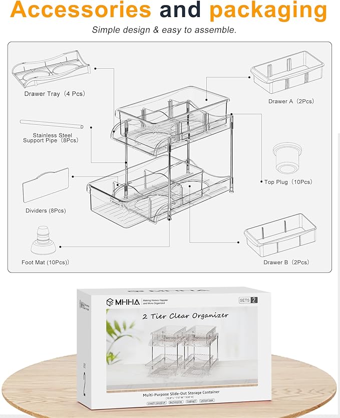 Under Sink Organizer, Bathroom Organizers and Storage, 2 Tier Multi-Use Pull Out Cabinet Organizer with Hang Hooks and Cups (transparent, 2 Pack)