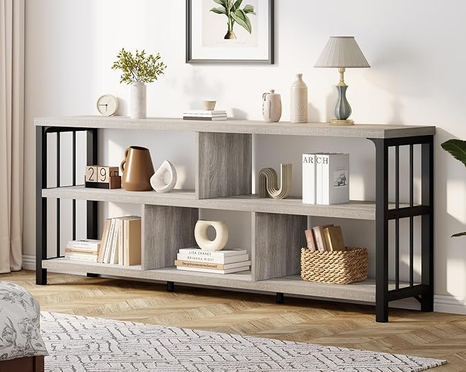 IBF Grey Bookshelf, Industrial 63” Long Open Book Shelf, Wide 5 Cube Gray Horizontal Bookcase for Home Bedroom, 3 Tier Wood Metal Low Cubby Storage Organizer Shelf for Living Room, Light Grey Oak