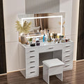 Vanity Desk with Mirror and Lights, 50" Makeup Vanity with Glass Top & Power Outlet, White Vanity with 11 Drawers & 8 Hidden Storage Shelves, 3 LED Lighting Modes Adjustable for Bedroom (WHITE)