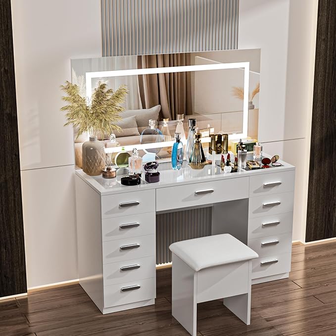 Vanity Desk with Mirror and Lights, 50" Makeup Vanity with Glass Top & Power Outlet, White Vanity with 11 Drawers & 8 Hidden Storage Shelves, 3 LED Lighting Modes Adjustable for Bedroom (WHITE)