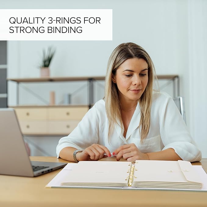 Sturdy Document Organizer Set with Folders - Beautiful Linen 3-Ring Binder Safely Stores All Important Documents & Files in One Place - Easy to Use Expanding Storage Incl. Envelopes, Pockets & Labels