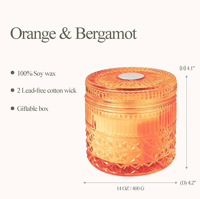 Chloefu LAN Orange & Bergamot Candle for Home Scented, Crystal Candles with Healing Stones, Gift for Women Men, Emotional Support, Encouragement and Affirmation, Highly Scented & Long Lasting, 14 oz